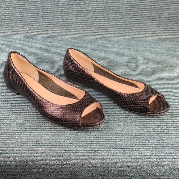 Cole Haan Morgan Peep Toe Ballet Flats Black Leather Uppers Embossed Snakeskin - Picture 3 of 16